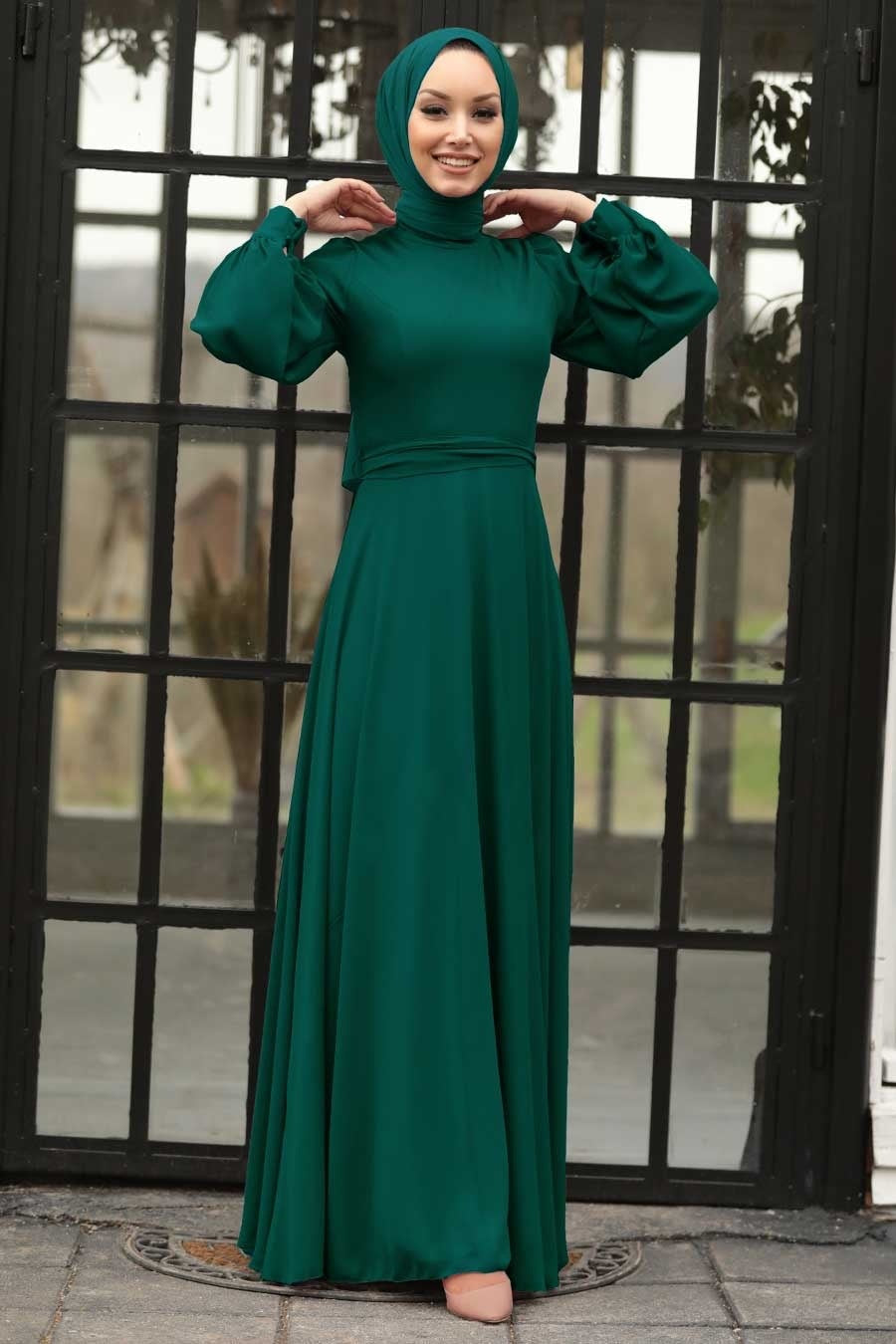 Emerald green modest dress with chiffon long sleeve and belt included