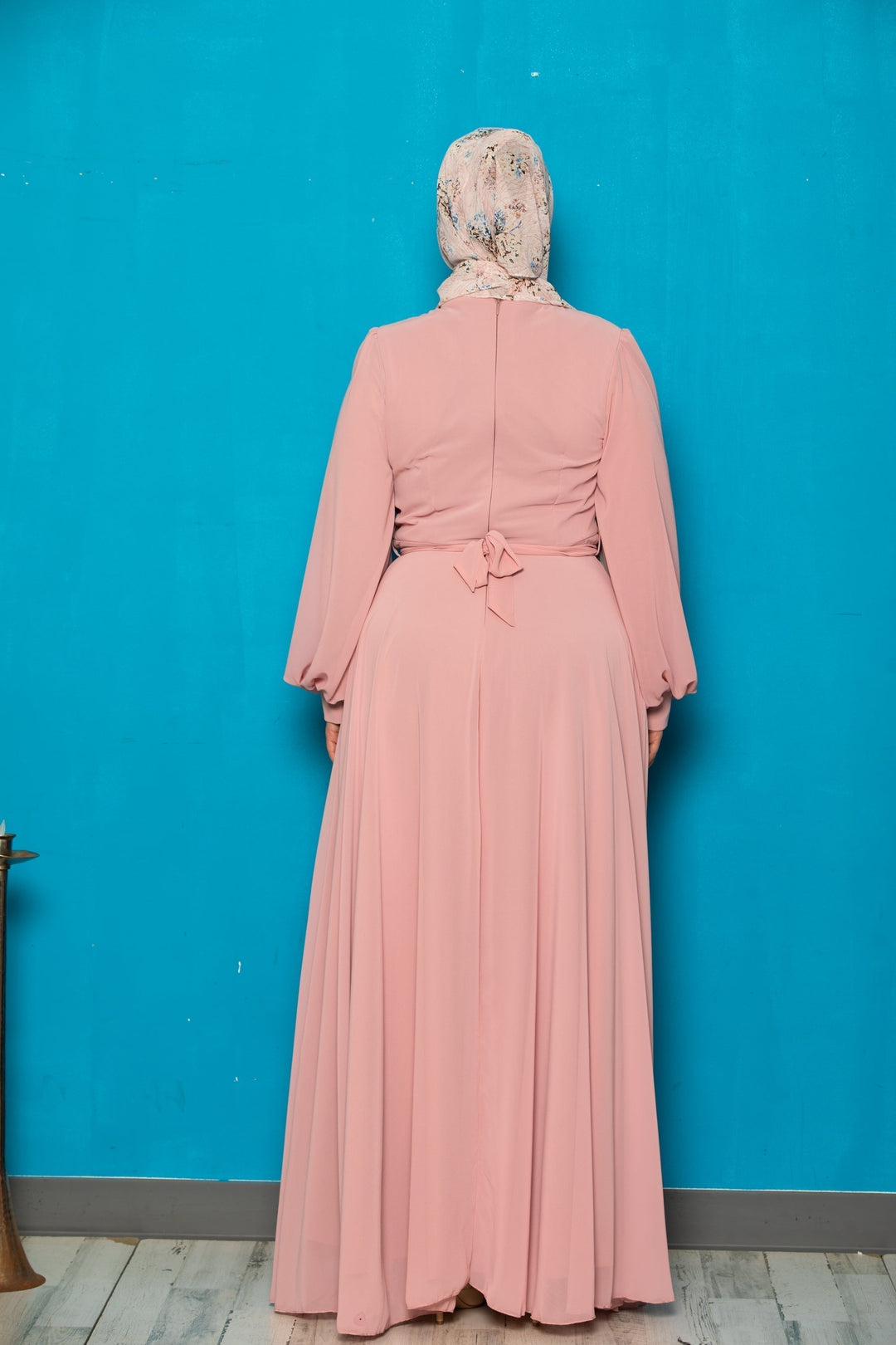 Chiffon Long Sleeve Gown featuring a pink dress and headscarf, belt included