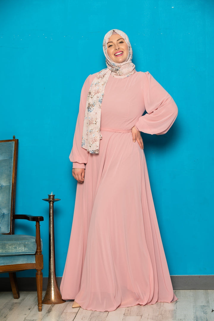 Long-sleeved pink chiffon long sleeve gown with floral hijab and belt included