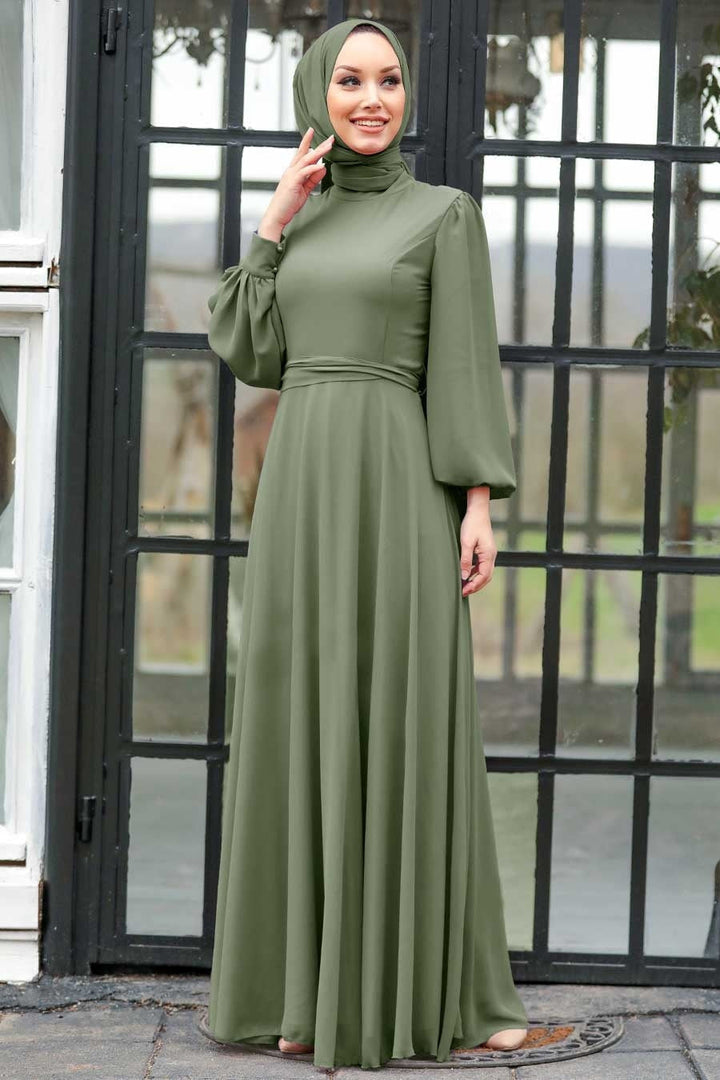 Olive green modest dress featuring chiffon long sleeve and belt included for elegance