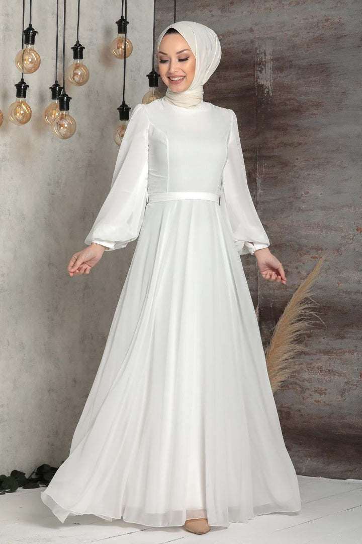 White modest Chiffon Long Sleeve Gown with hijab and chiffon belt included