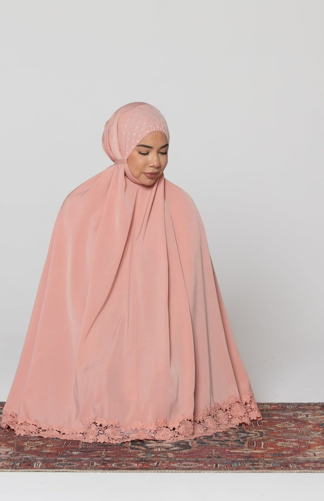 Peach-colored Coral Two Piece Lace Salah Prayer Outfit for elegant worship