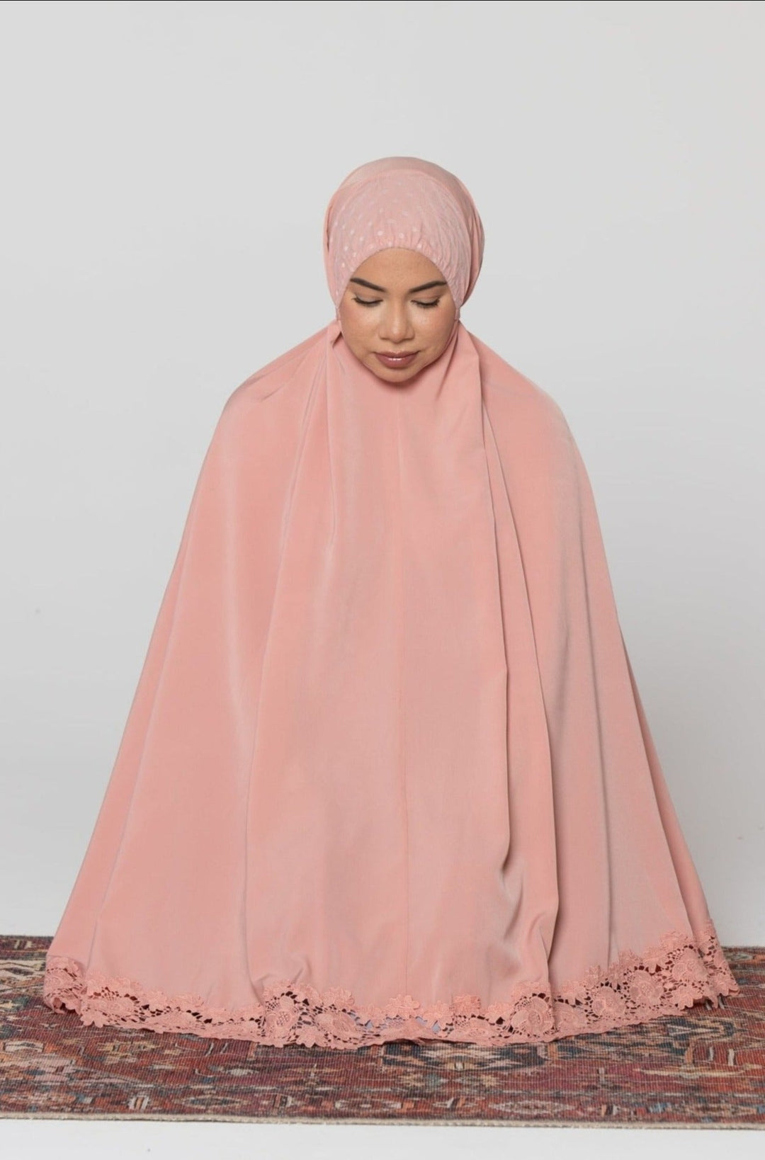 Peach-colored prayer garment in Coral Two Piece Lace Salah Prayer Outfit design