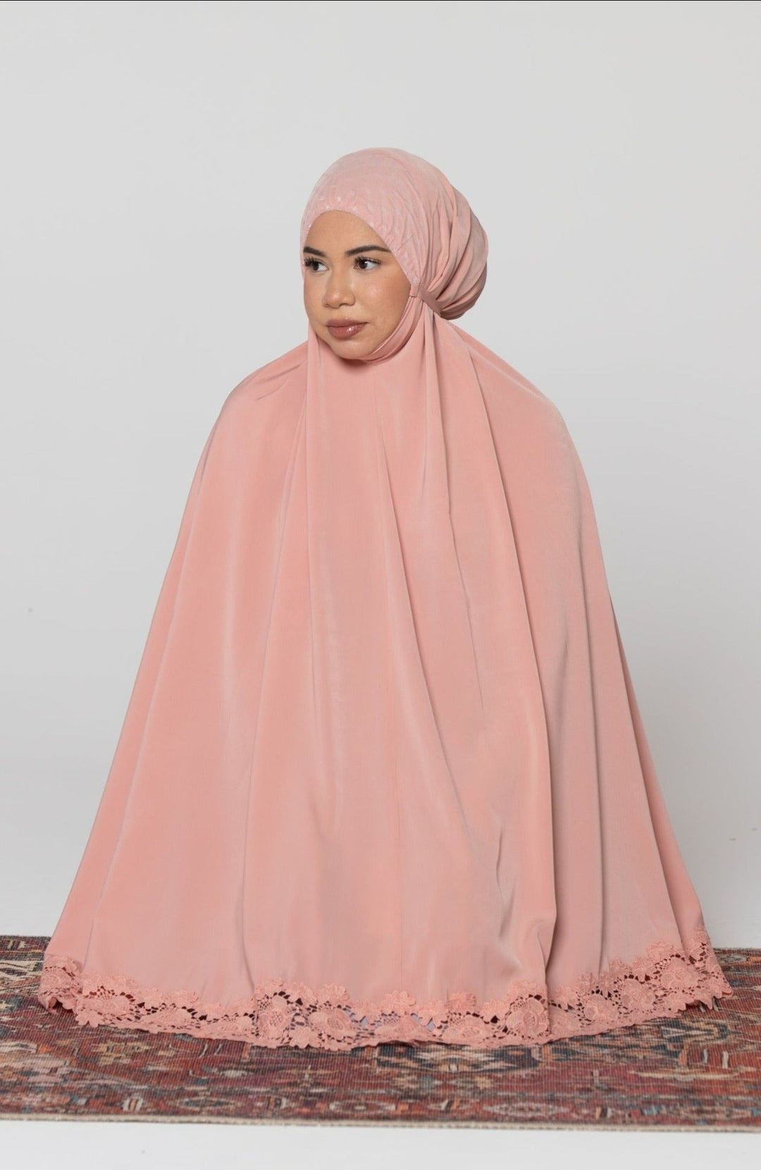 Peach-colored Coral Two Piece Lace Salah Prayer Outfit for stylish prayer