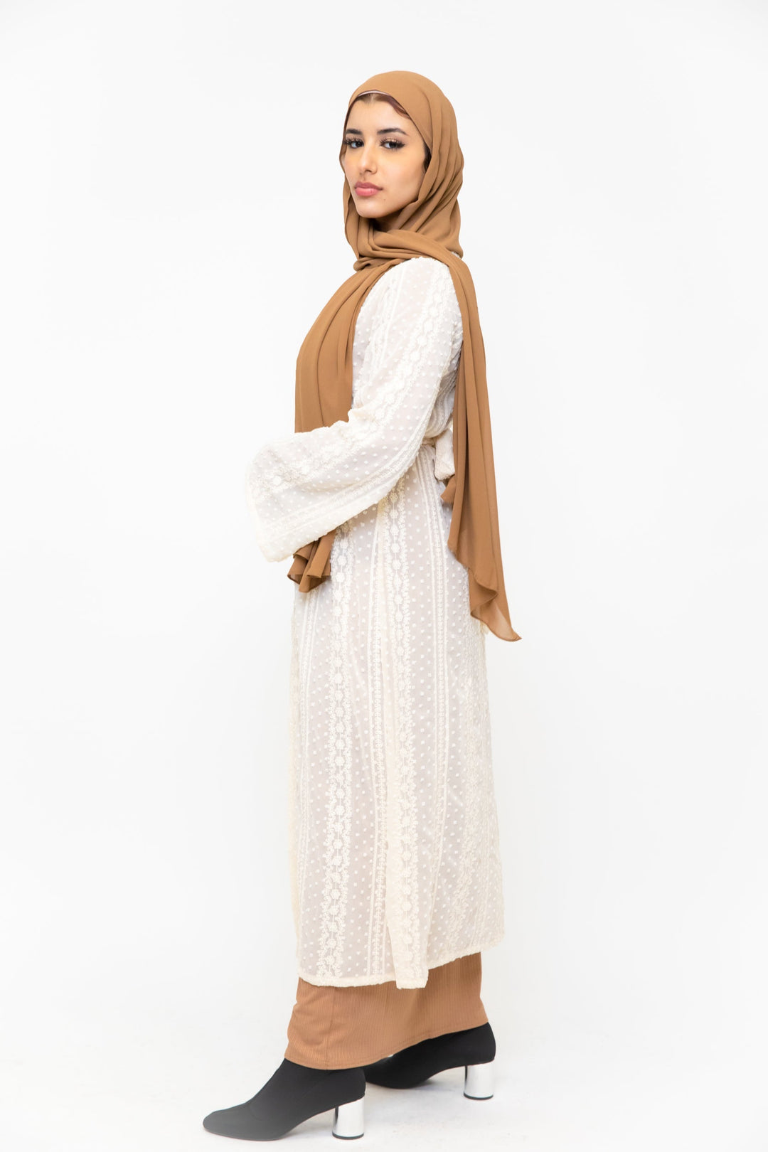 Woman in hijab wearing a Cream Boho Lace Embroidered Sheer Midi Cardigan