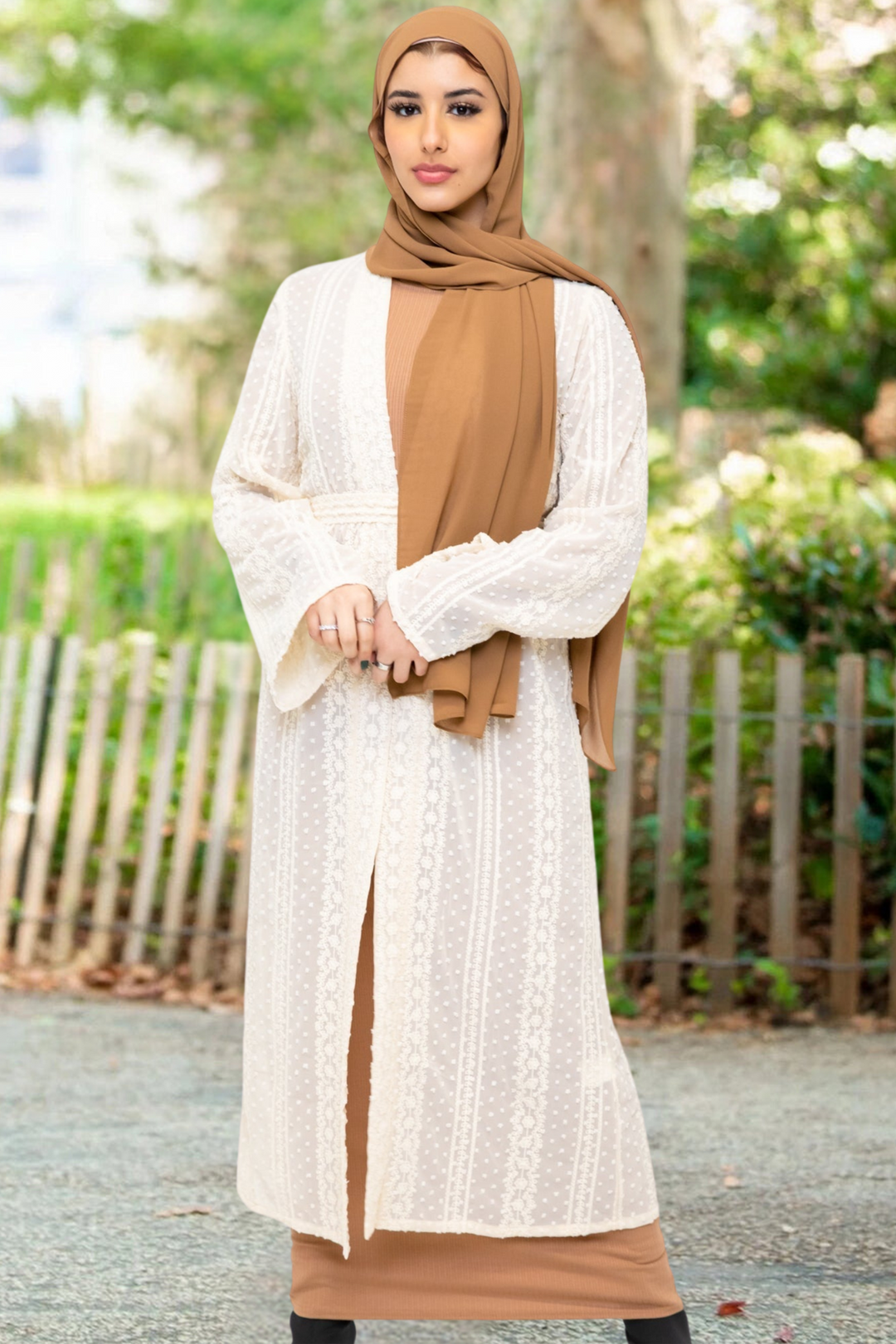 Woman in hijab wearing a Cream Boho Lace Embroidered Sheer Midi Cardigan