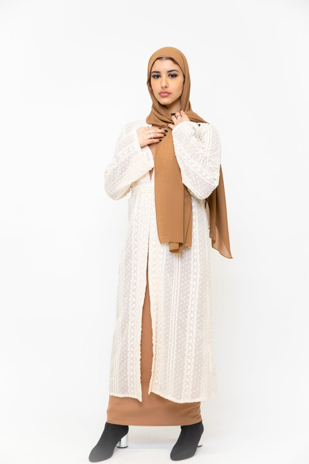 Woman in Cream Boho Lace Embroidered Sheer Midi Cardigan showcasing elegant modest fashion