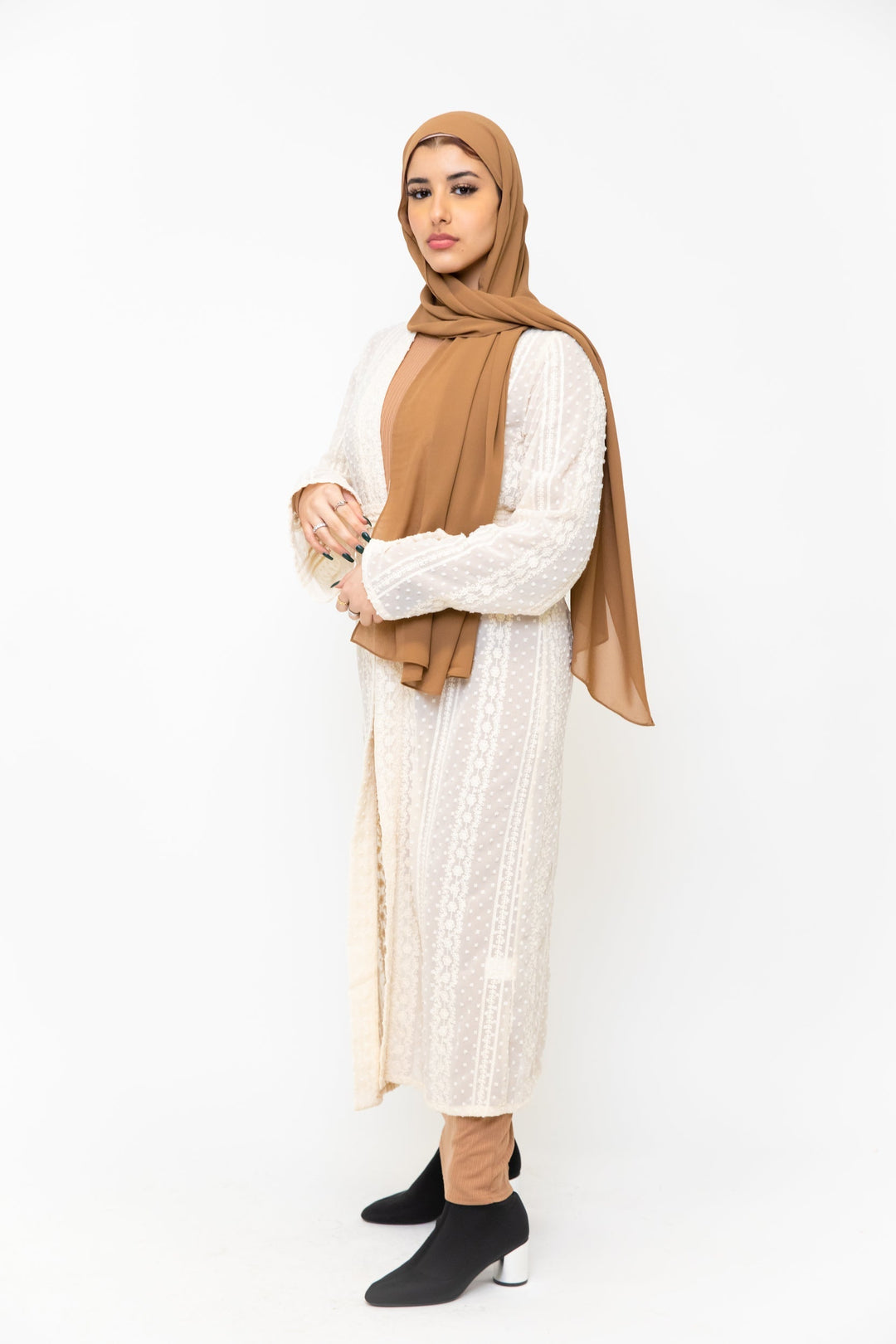 Woman in hijab wearing a Cream Boho Lace Embroidered Sheer Midi Cardigan