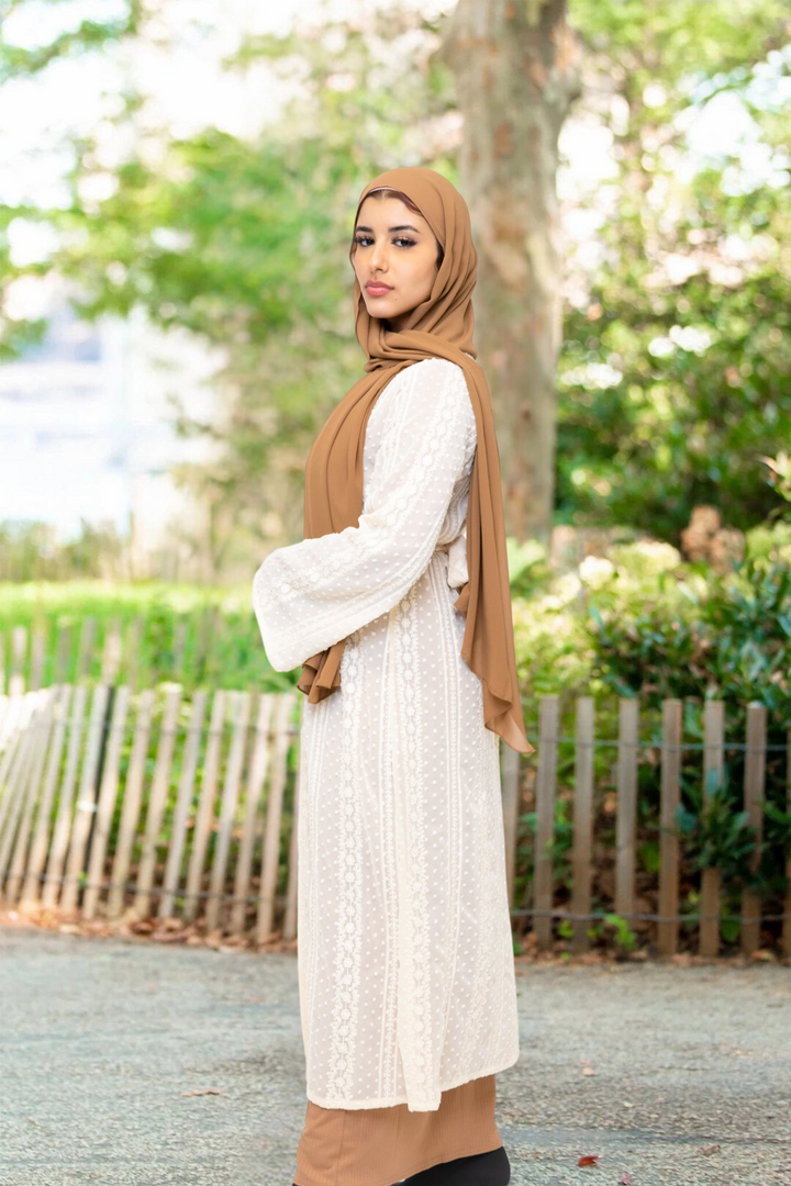 Woman in hijab wearing Cream Boho Lace Embroidered Sheer Midi Cardigan