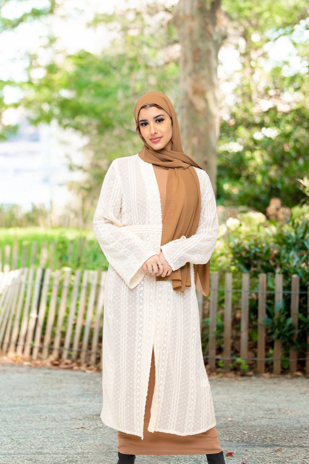 Woman in hijab wearing Cream Boho Lace Embroidered Sheer Midi Cardigan