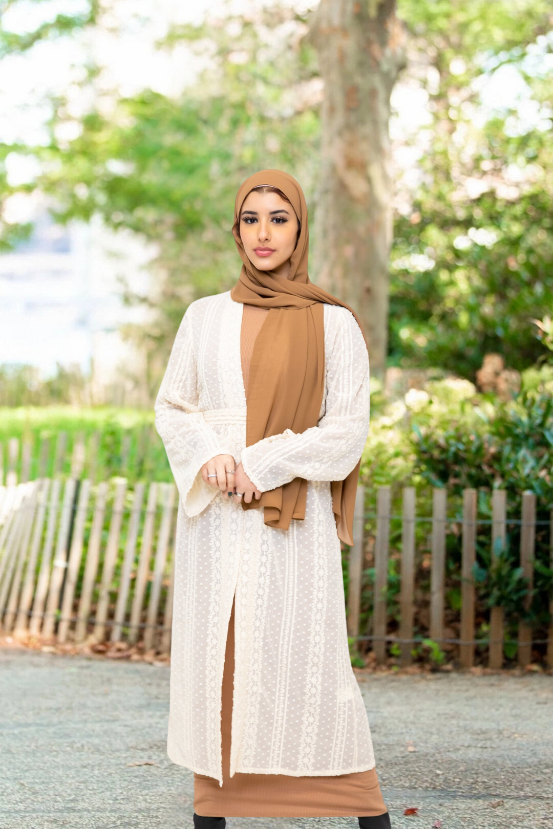 Woman in hijab wearing a Cream Boho Lace Embroidered Sheer Midi Cardigan