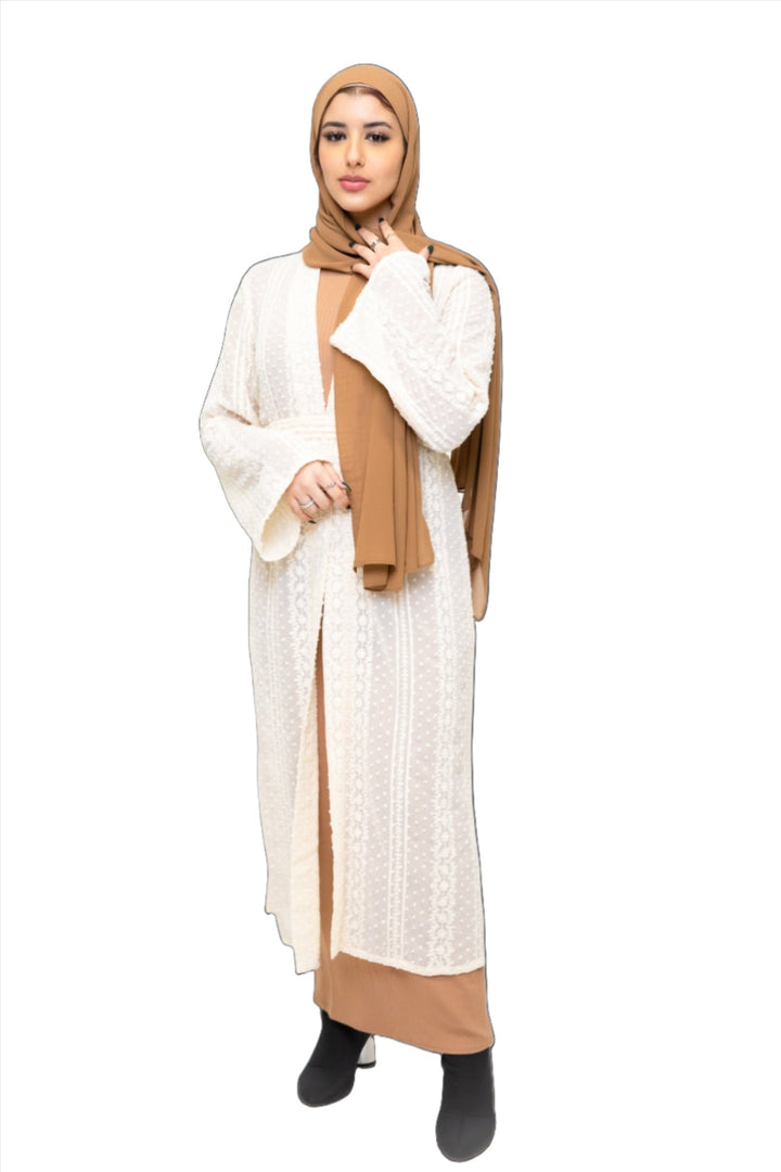 Woman in a hijab wearing Cream Boho Lace Embroidered Sheer Midi Cardigan