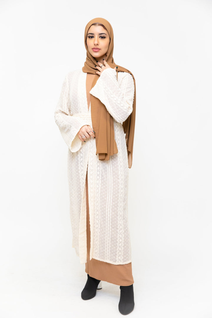 Woman in hijab wearing Cream Boho Lace Embroidered Sheer Midi Cardigan