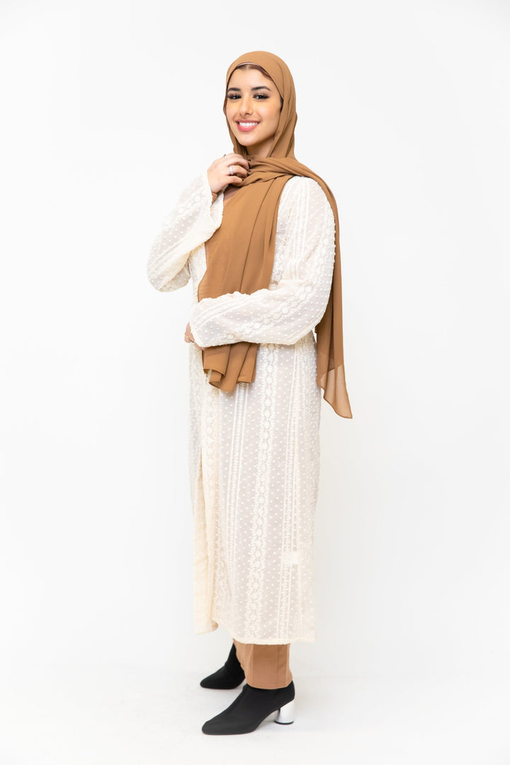 Woman in hijab wearing Cream Boho Lace Embroidered Sheer Midi Cardigan