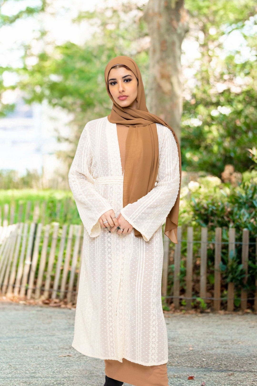 Woman in hijab wearing Cream Boho Lace Embroidered Sheer Midi Cardigan