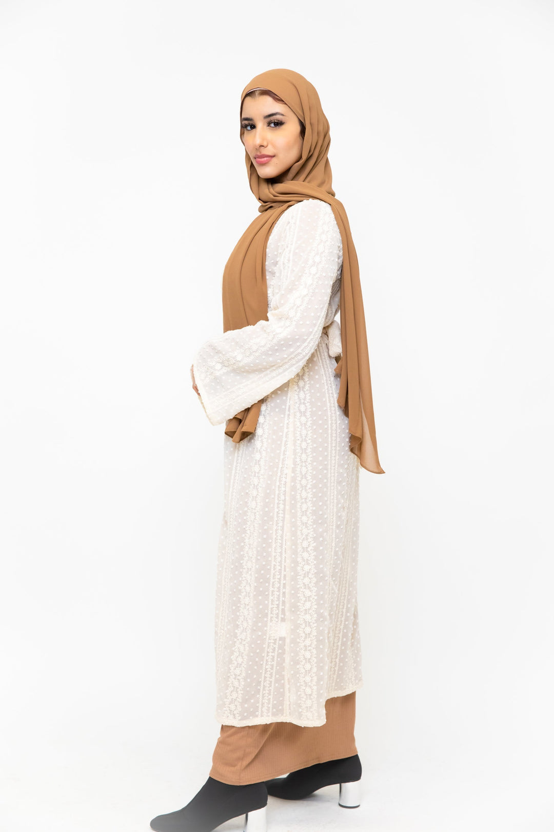 Woman in hijab wearing a Cream Boho Lace Embroidered Sheer Midi Cardigan