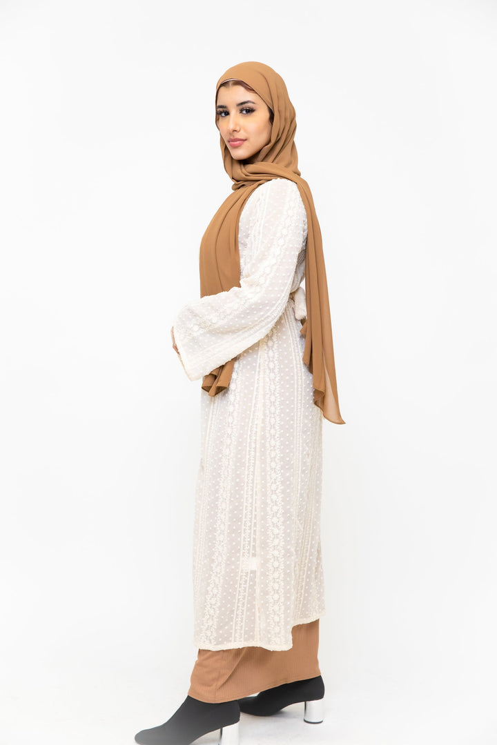 Woman in hijab wearing a Cream Boho Lace Embroidered Sheer Midi Cardigan