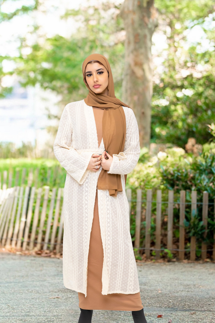 Woman in a hijab wearing a Cream Boho Lace Embroidered Sheer Midi Cardigan