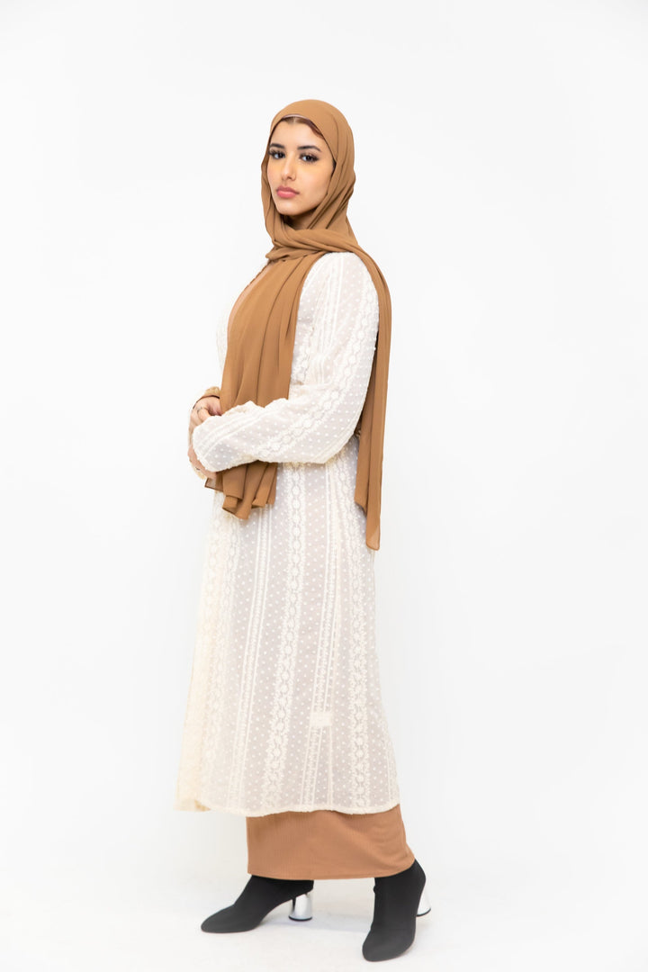 Woman wearing Cream Boho Lace Embroidered Sheer Midi Cardigan in modest fashion