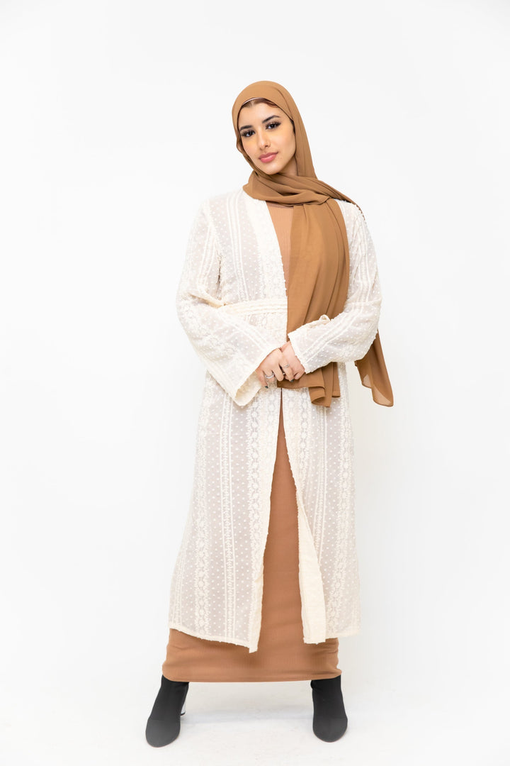 Woman in a hijab wearing a Cream Boho Lace Embroidered Sheer Midi Cardigan