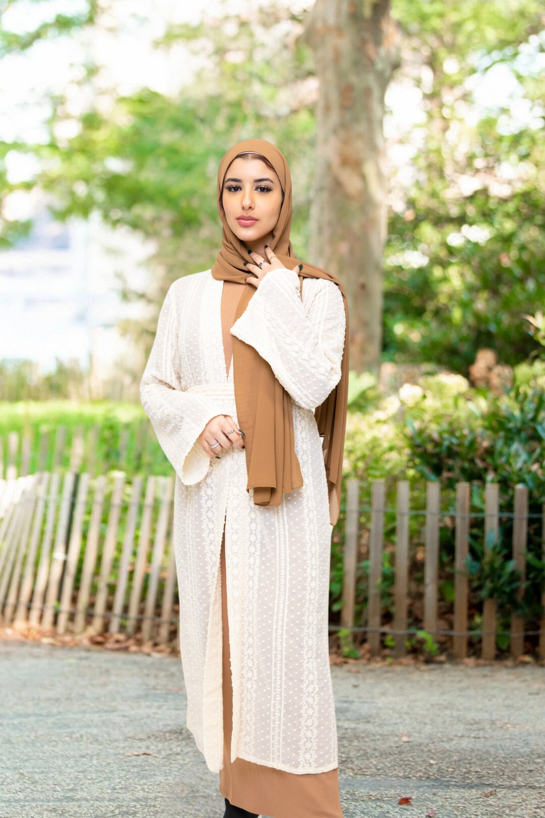 Woman in hijab wears Cream Boho Lace Embroidered Sheer Midi Cardigan