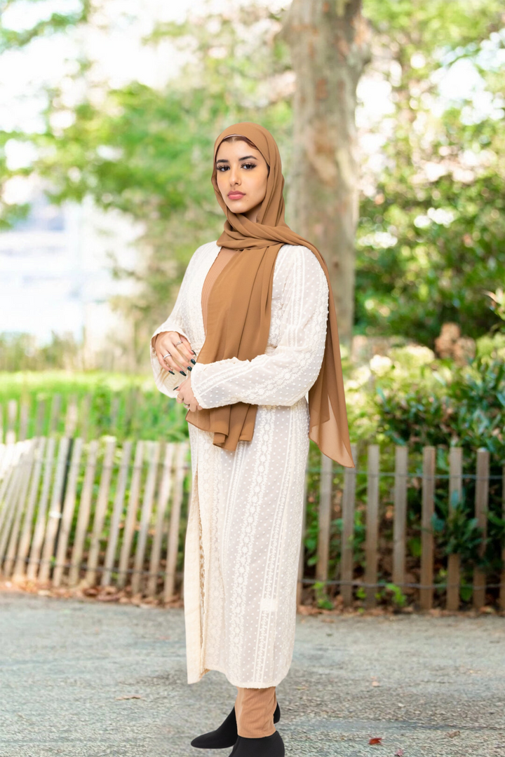 Woman in hijab wearing Cream Boho Lace Embroidered Sheer Midi Cardigan