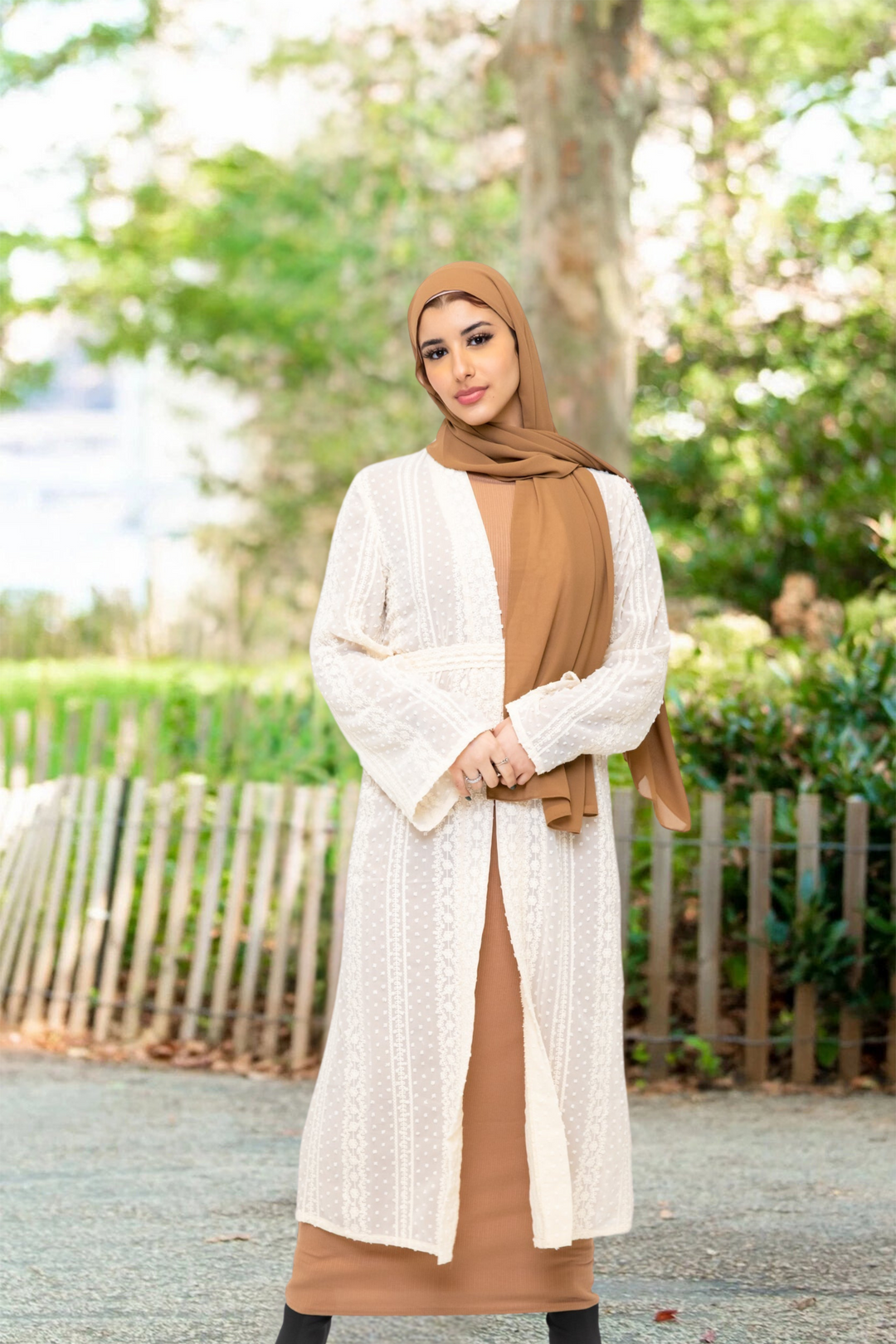 Woman in hijab styled with Cream Boho Lace Embroidered Sheer Midi Cardigan