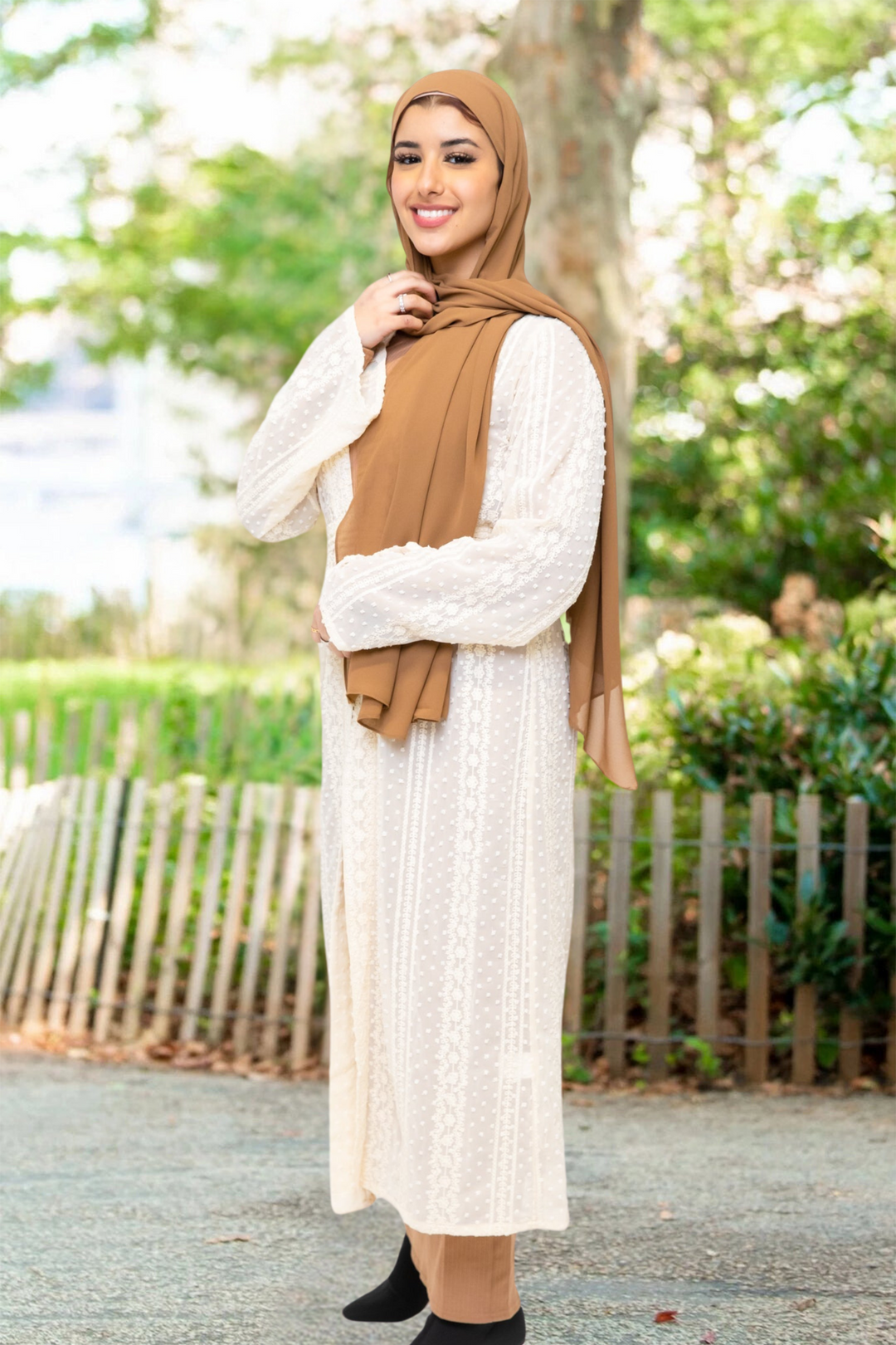 Smiling woman in hijab wearing Cream Boho Lace Embroidered Sheer Midi Cardigan