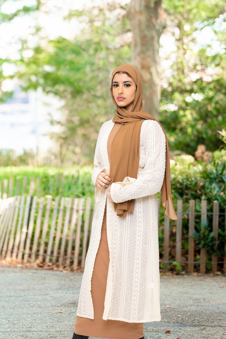 Woman in hijab modeling Cream Boho Lace Embroidered Sheer Midi Cardigan