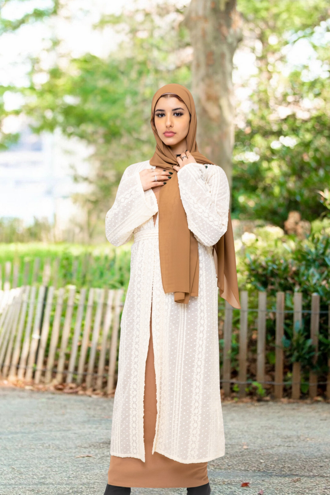 Woman in hijab wearing Cream Boho Lace Embroidered Sheer Midi Cardigan