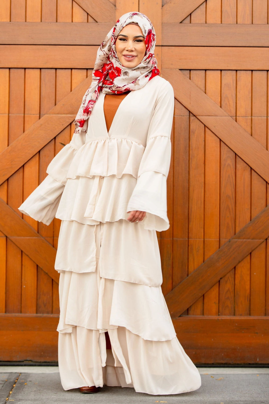 Cream Cascading Ruffles Open Front Abaya-CLEARANCE