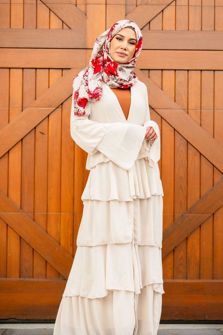 Cream Cascading Ruffles Open Front Abaya-CLEARANCE