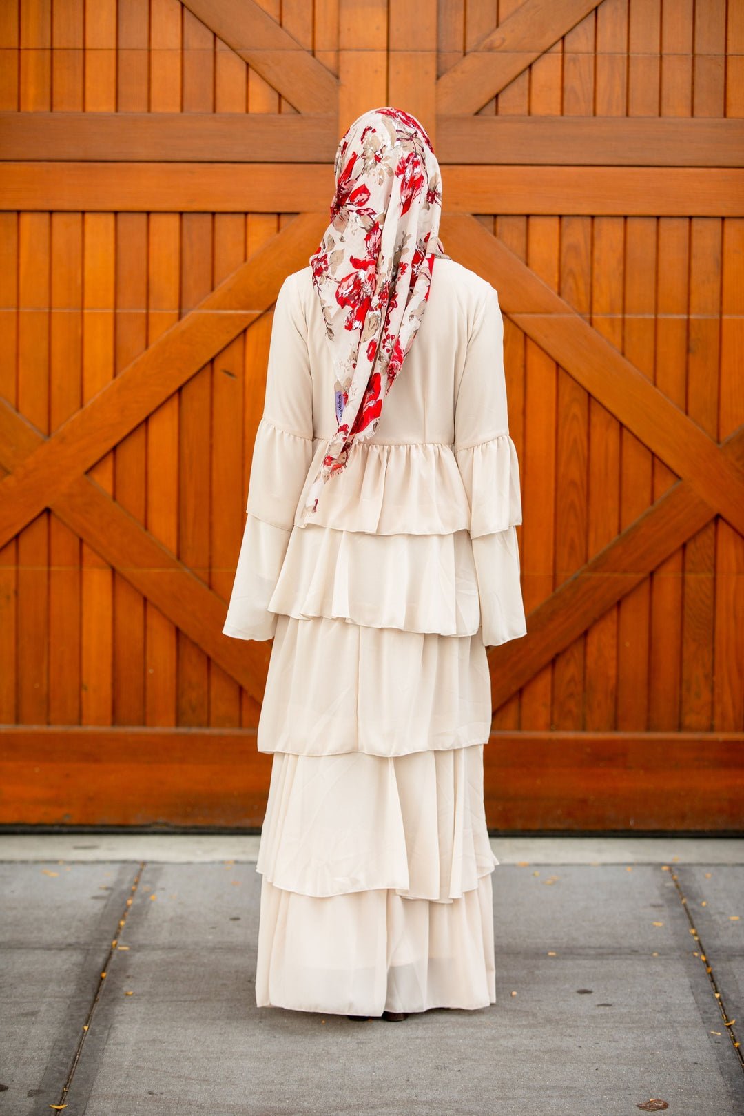 Cream Cascading Ruffles Open Front Abaya-CLEARANCE