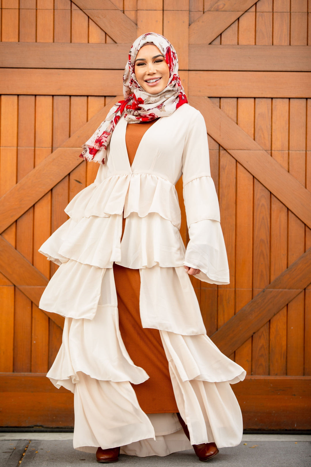 Cream Cascading Ruffles Open Front Abaya-CLEARANCE