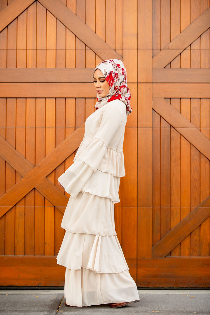 Cream Cascading Ruffles Open Front Abaya-CLEARANCE