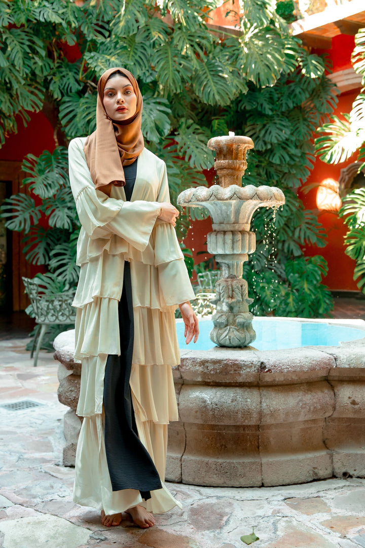 Cream Cascading Ruffles Open Front Abaya-CLEARANCE