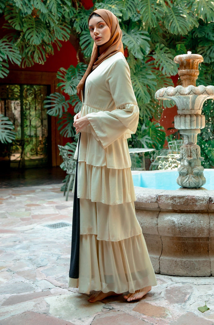 Cream Cascading Ruffles Open Front Abaya-CLEARANCE