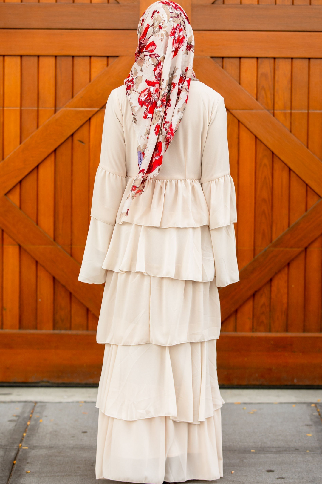 Cream Cascading Ruffles Open Front Abaya-CLEARANCE