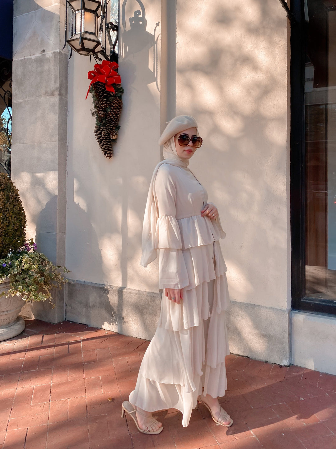 Cream Cascading Ruffles Open Front Abaya-CLEARANCE