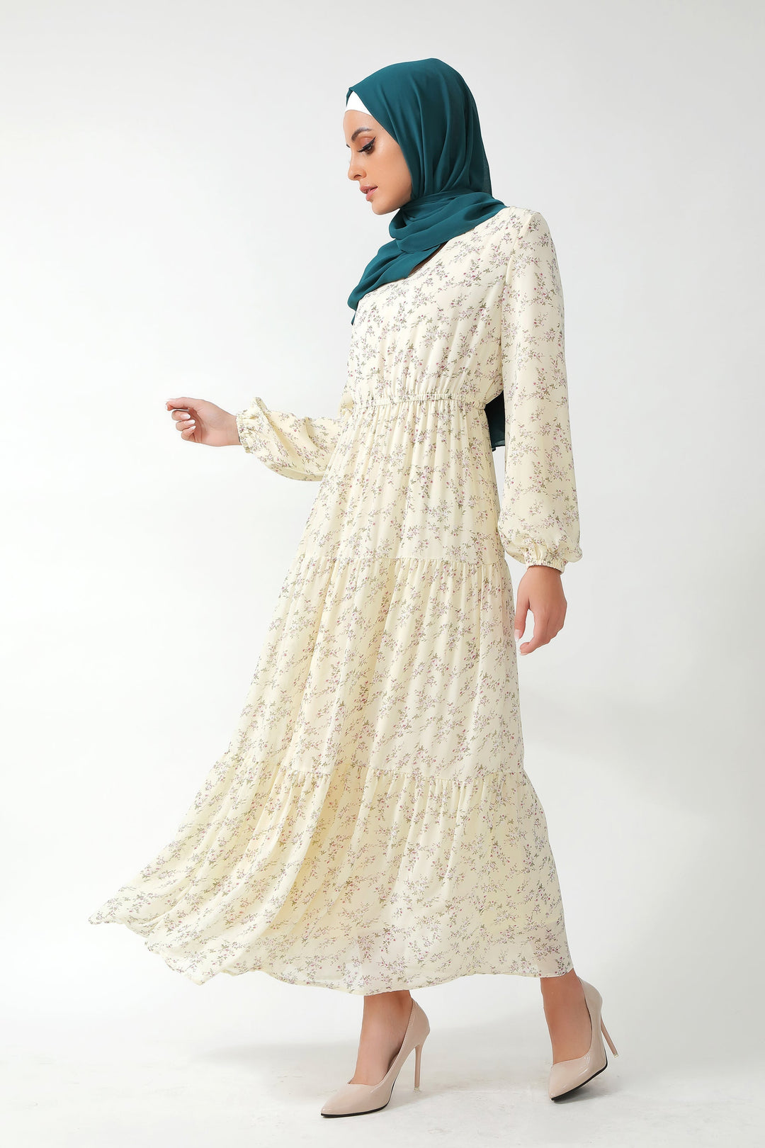 Cream Floral Tiered Maxi Dress with hijab showcased in a stylish floral tiered maxi look