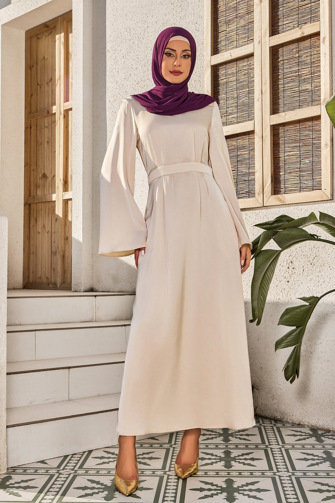 Cream Satin Kimono Sleeves Maxi Dress-CLEARANCE