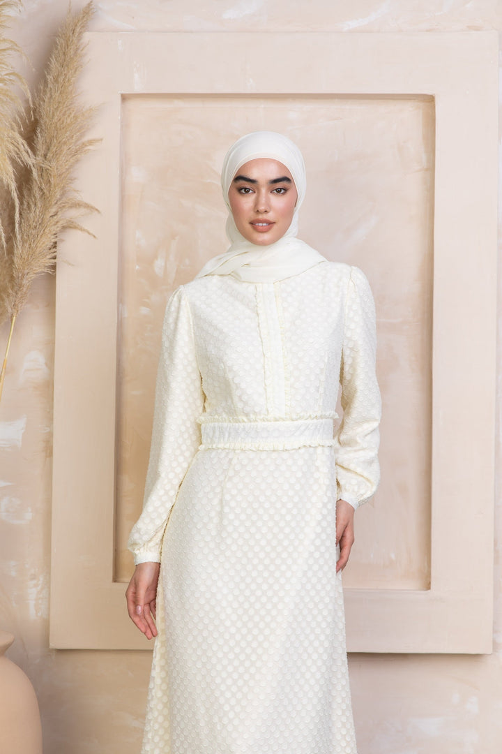 Elegant Cream Textured Polka Dots Long Sleeve Maxi Dress with Hijab for clearance sale