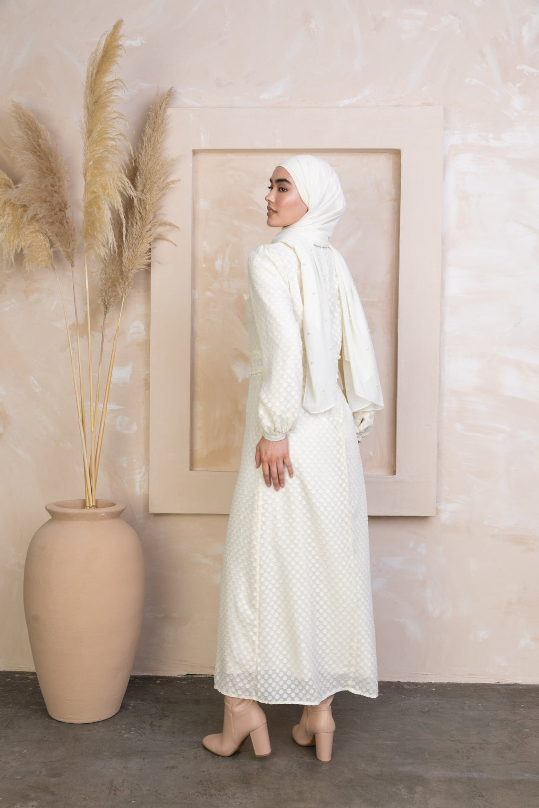 Elegant Cream Textured Polka Dots Long Sleeve Maxi Dress with Matching Hijab