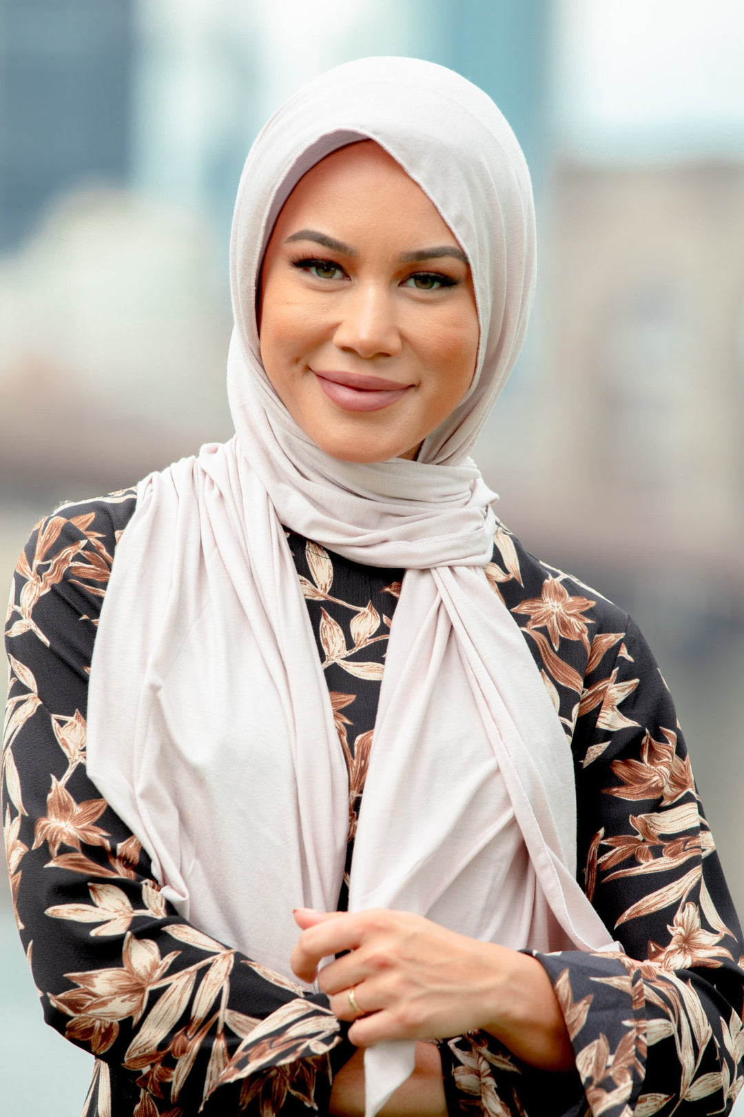 Woman in a Creme Jersey Hijab showcasing elegance and style