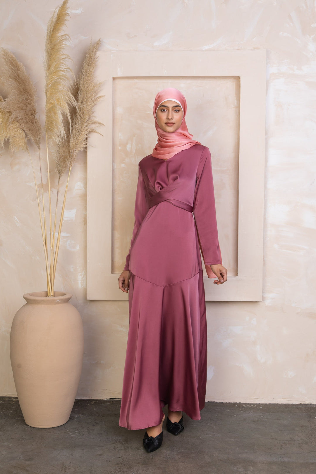 Long-sleeved pink satin dress with matching headscarf from Desert Rose Criss Cross Satin collection