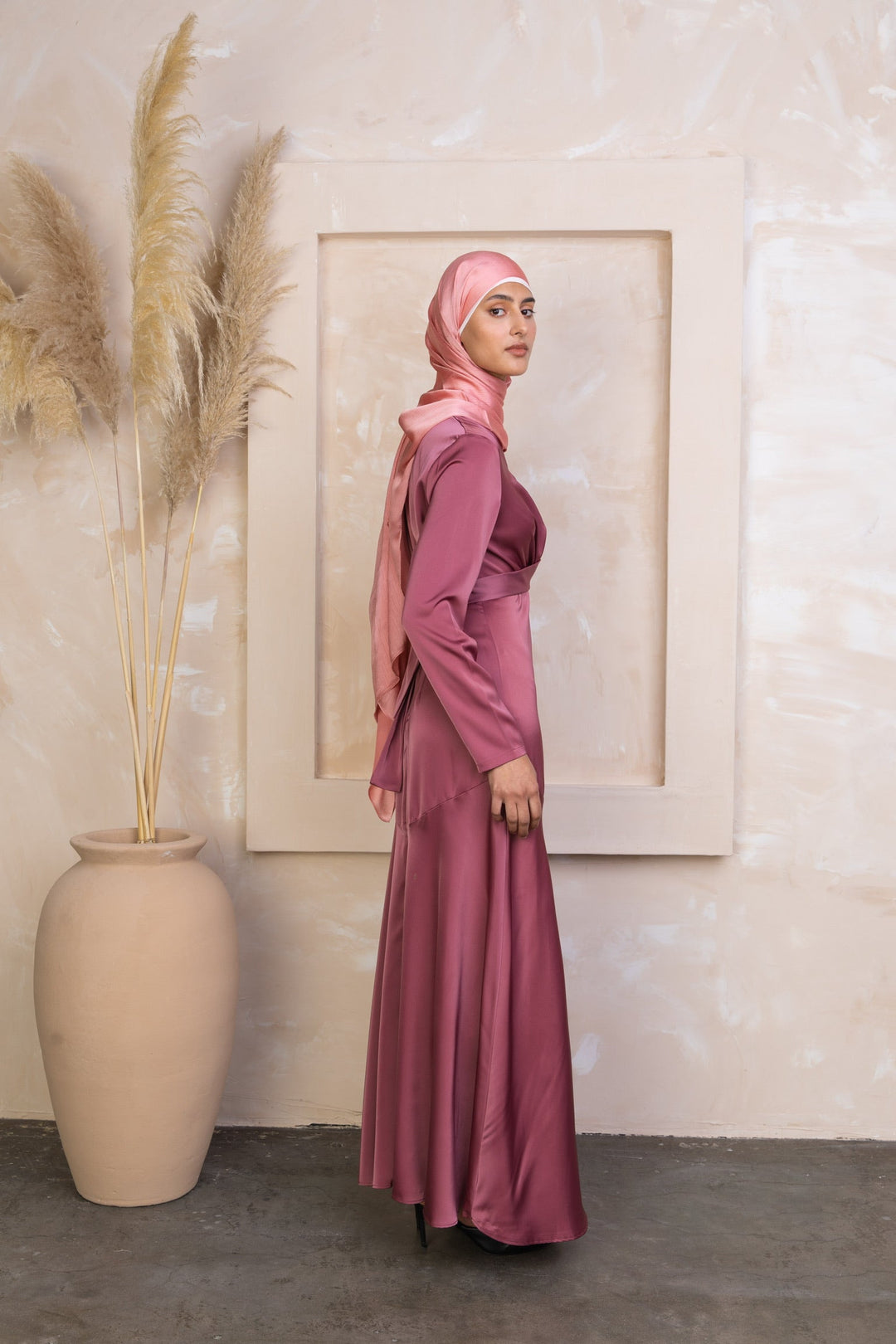 Mauve satin modest dress from Desert Rose Criss Cross Satin Maxi Dress on clearance