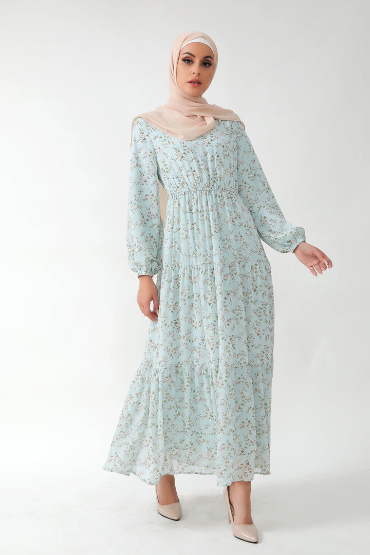 Dreamy Blue Floral Tiered Maxi Dress featuring a modest floral print design