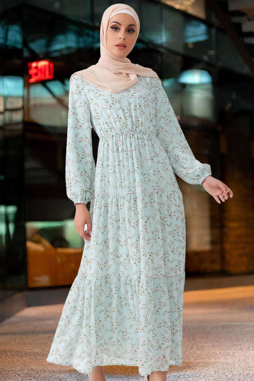 Floral print maxi dress with hijab from Dreamy Blue Floral Tiered Maxi Dress collection