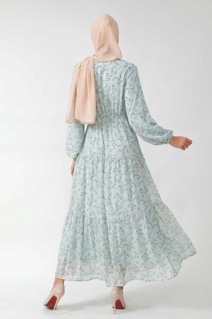 Floral tiered maxi dress with hijab in dreamy blue floral print