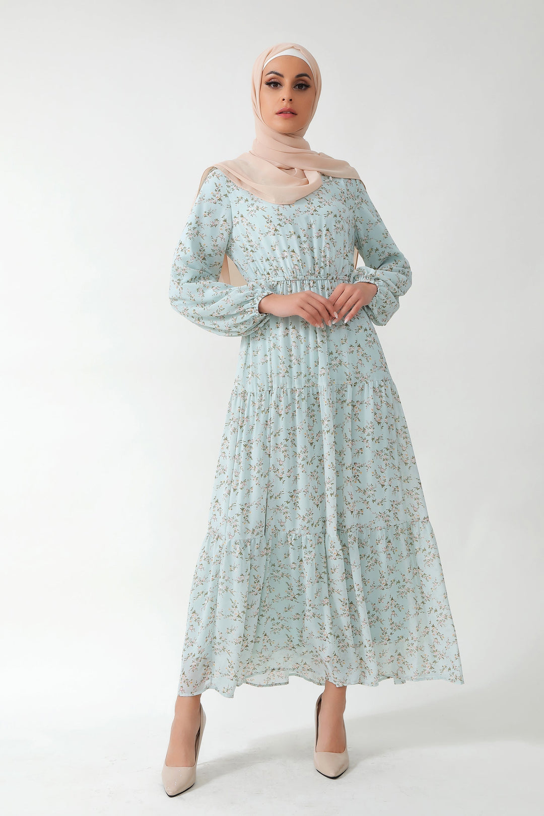 Dreamy Blue Floral Tiered Maxi Dress featuring a modest floral print design